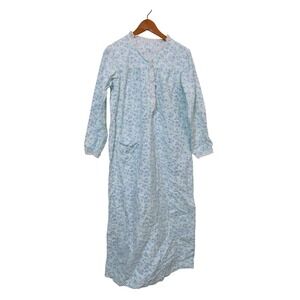 Carole Women Nightgown Size M Blue Floral Cotton Flannel Lace Trim Vintage USA